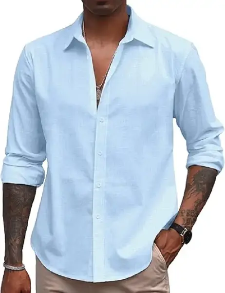 COOFANDY Men's Linen Long Sleeve Button Down Shirts Casual Business Dress Shirt Collar Cotton Menswear