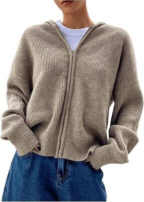 Women's Zip Up Hooded Cardigan Sweater Knitted Drop Shoulder Fall Hoodies Outerwear