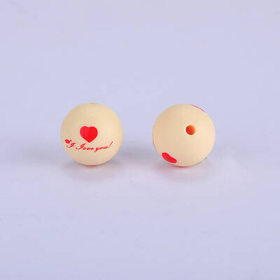 Printed Round with Heart Pattern Silicone Focal Beads