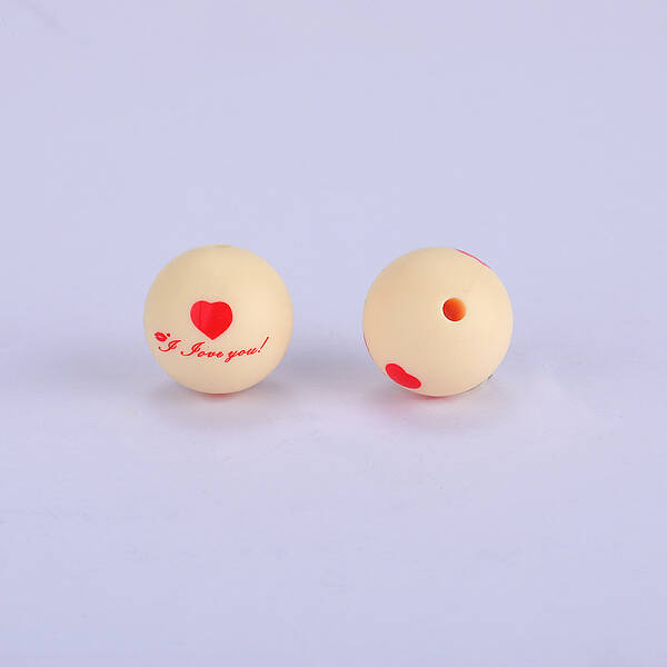 Printed Round with Heart Pattern Silicone Focal Beads