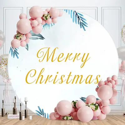 Light Blue Leaves Round Merry Christmas Backdrop - Aperturee