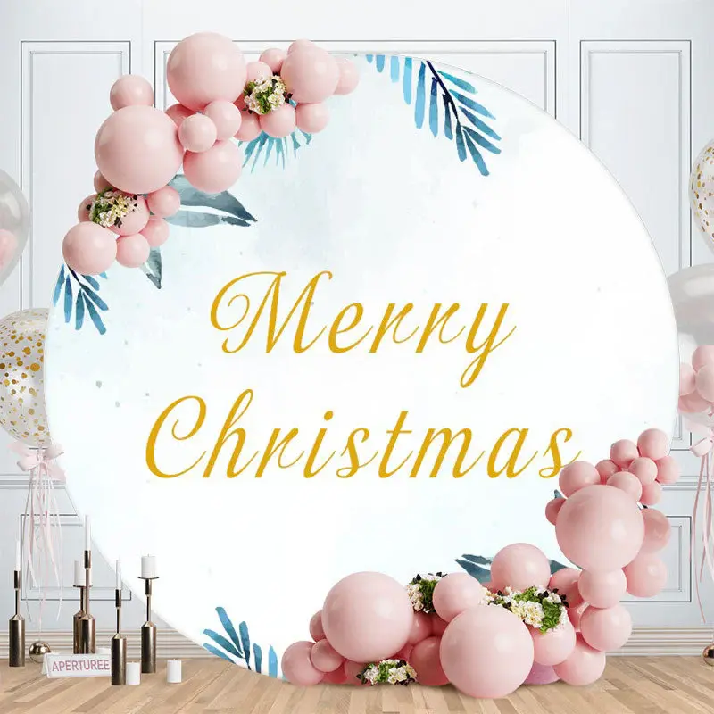 Light Blue Leaves Round Merry Christmas Backdrop - Aperturee