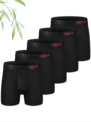Men's 5pcs Bamboo Viscose Letter Print Boxer Brief with Fly, Breathable Comfy Underwear for Daily Wear, Soft Underwear for Al...