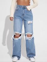 Women's Ripped Jeans, Casual Comfy Button Pocket Denim Trousers for Summer, Loose Basic Fashion Women's Bottoms for Daily Wea...