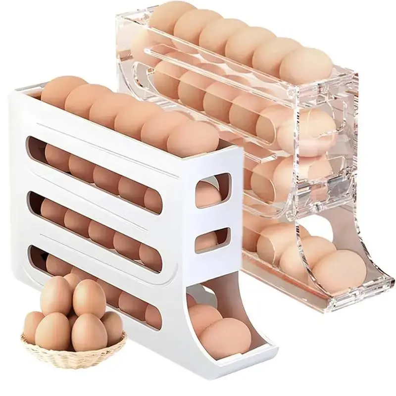 4 Layer Refrigerator Egg Rack, 1 Count Large Capacity  Automatic Rolling Egg Organizer, Kitchen Egg Holder for Home Dormitory...