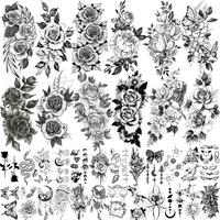 36 Sheets Realistic Black Rose Peony Flower Temporary Tattoos for Women Adults Body Art Arm, Snake Fake Floral Sketch Sleeve ...