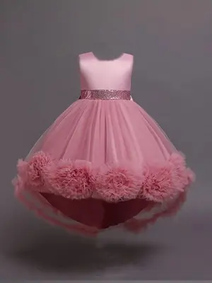 Girl's Bow Back Contrast Mesh High Low Tulle Dress, Summer Clothes Elegant Flower Decor Sleeveless Round Neck Party Dress, K...