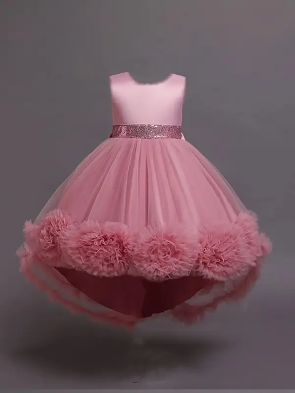 Girl's Bow Back Contrast Mesh High Low Tulle Dress, Summer Clothes Elegant Flower Decor Sleeveless Round Neck Party Dress, K...