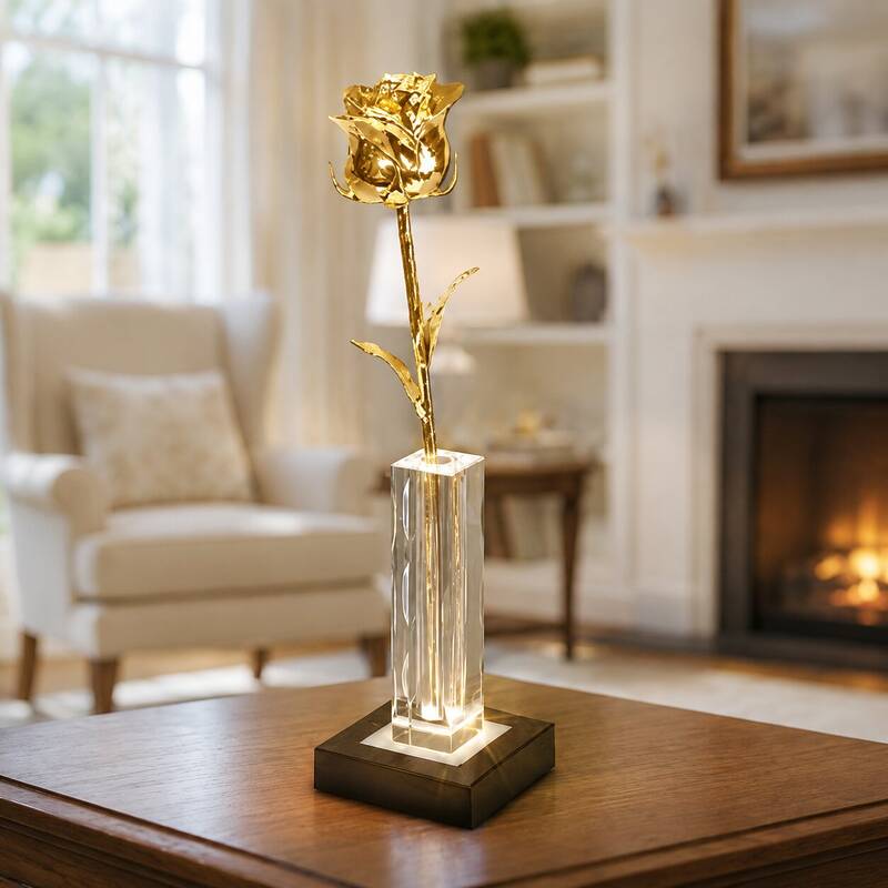 Illuminated 11 24k Gold Dipped Rose in 5 Crystal Vase