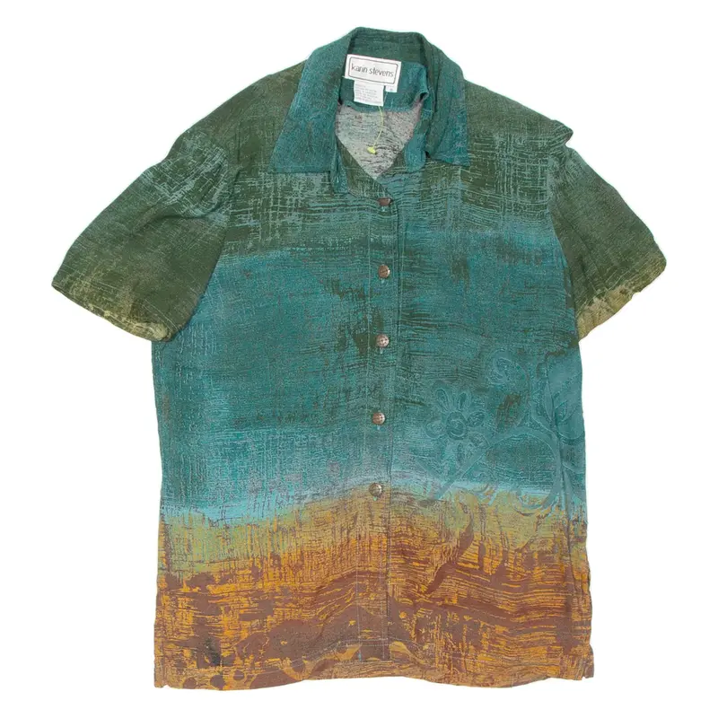 KARIN STEVENS Womens Printed Blouse Blue Collared Crazy Pattern UK 8