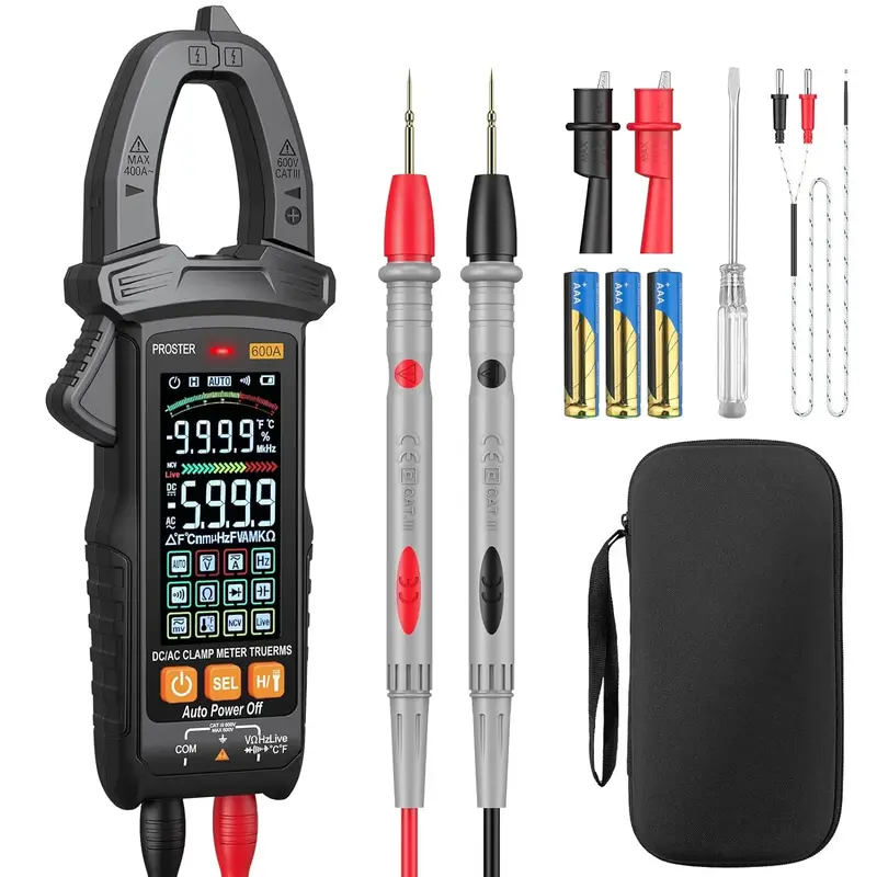 Proster Digital Clamp Meter, 600A DC AC Current, 600V AC/DC Voltage NCV Continuity Capacitance Resistance Frequency Diode Hz ...