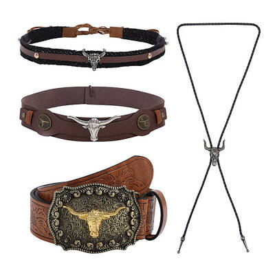 4Pcs 4 Styles PU Leather Waist Belt and Alloy Cattle Bolo Ties