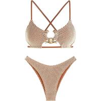 ZAFUL Women's Cutout Bikini Criss Cross Textured Metal High Leg Bikini Sets Cheeky Bikini Two Piece Swimsuit Beach