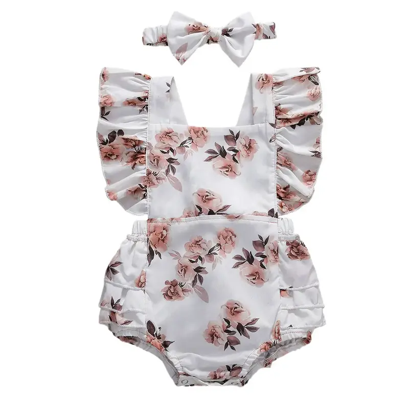Newborn Baby Girl Summer Outfit Floral Bodysuit Ruffle Sleeveless Romper Dress Backless  Jumpsuit Headband