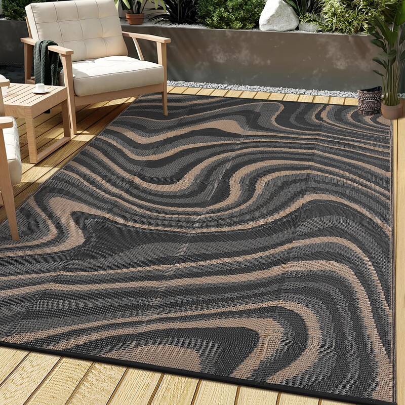 Garvee Outdoor Rug 8x10 Waterproof Reversible Polypropylene UV-Resistant Non-Slip Camping Picnic Patio Deck Mat Black Coffee