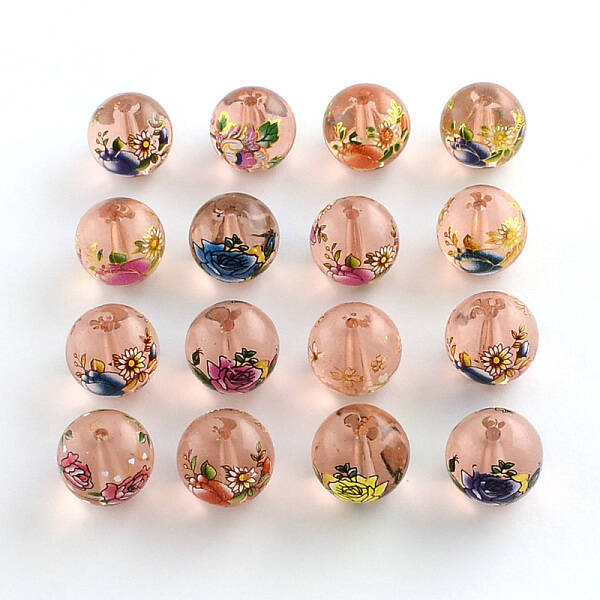 Flower Picture Transparent Glass Round Beads