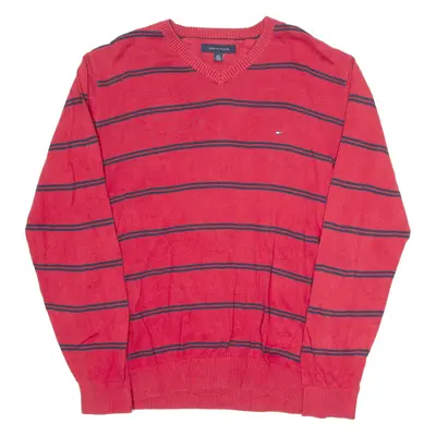 TOMMY HILFIGER Mens Patterned Jumper Red Striped V-Neck Tight Knit L