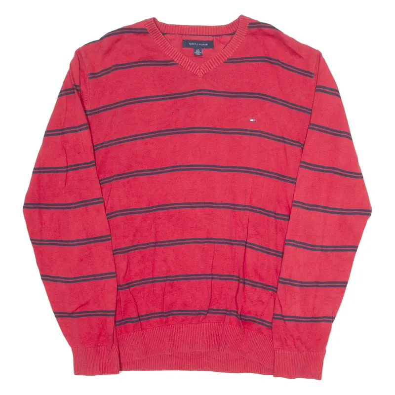 TOMMY HILFIGER Mens Patterned Jumper Red Striped V-Neck Tight Knit L