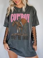 Women's Western  Cowboy & Letter Print Round Neck Tee, Casual Short Sleeve T-shirt for Spring & Fall, Women's Top for Daily W...