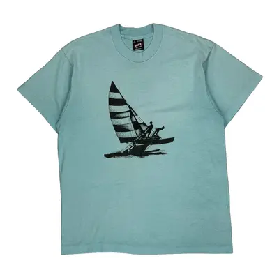 Single Stitch Sailing Fruit Of The Loom Graphic T-Shirt - Large Blue Cotton Blend