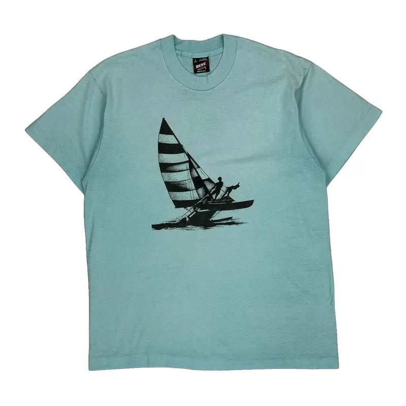 Single Stitch Sailing Fruit Of The Loom Graphic T-Shirt - Large Blue Cotton Blend