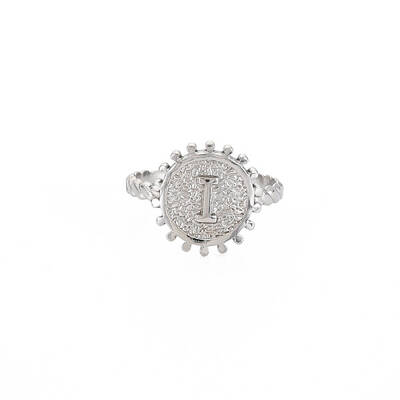 Non-Tarnish 304 Stainless Steel Flat Round with Initial Letter Open Cuff Ring for Men Women