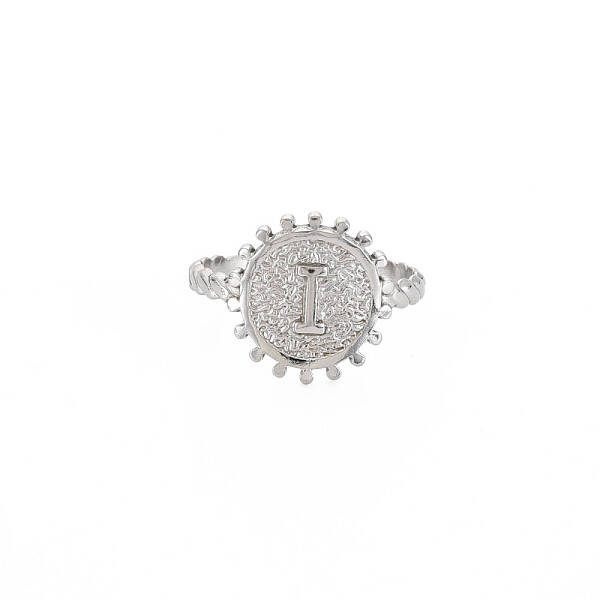 Non-Tarnish 304 Stainless Steel Flat Round with Initial Letter Open Cuff Ring for Men Women