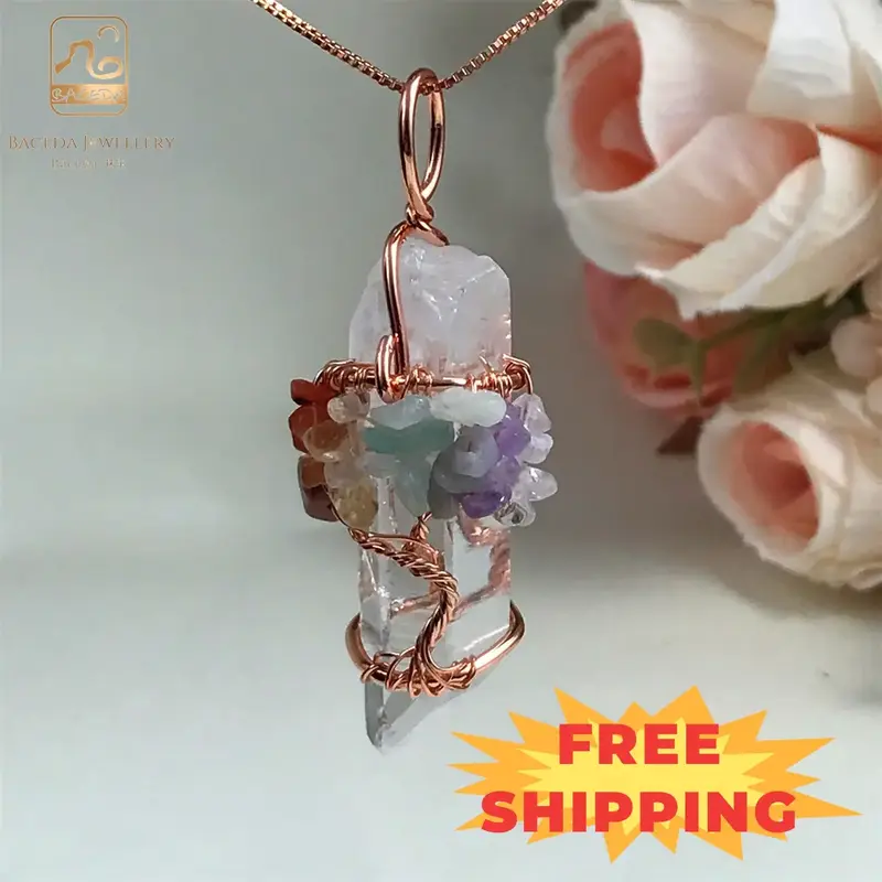 BACEDA Chakra Gemstone Tree Of Life Wire Wrapped Clear Quartz Healing Crystal Point Pendant