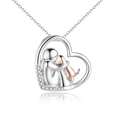 Sterling Silver Two-tone Zircon Dog & Heart Pendant Necklace