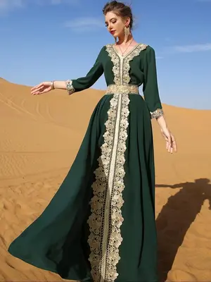 Women's Plain Contrast Lace V Neck Arabian Dress, Modest Tie Back 3/4 Length Sleeve A Line Maxi Dress for Daily Wear, Women's...