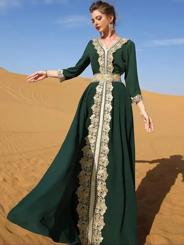 Women's Plain Contrast Lace V Neck Arabian Dress, Modest Tie Back 3/4 Length Sleeve A Line Maxi Dress for Daily Wear, Women's...