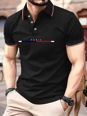 Men's Letter Graphic Short Sleeve Polo Shirt, Regular Fit Casual Striped Trim Half Button Collar Top for Summer, Fashion Men...