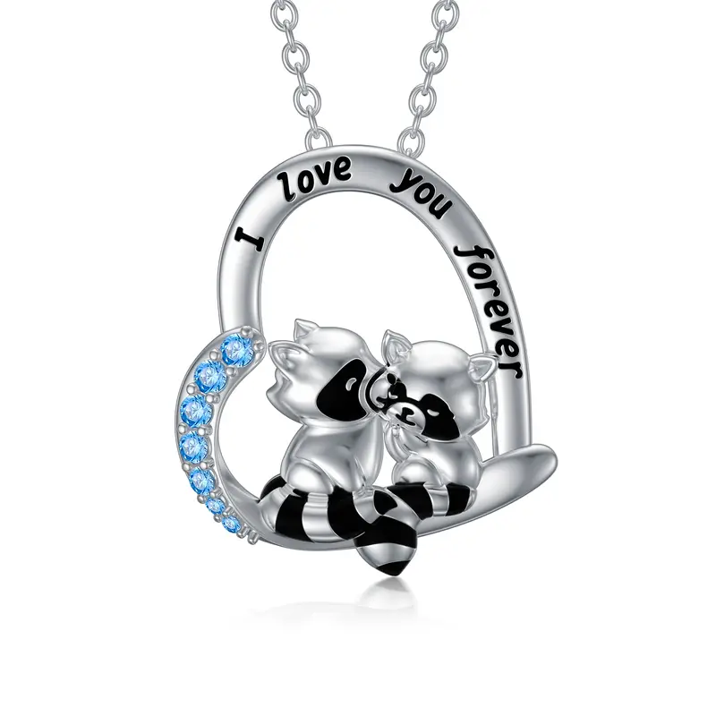 Sterling Silver Cubic Zirconia Raccoon & Heart Pendant Necklace with Engraved Word