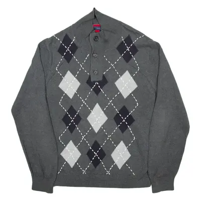 TOMMY HILFIGER Mens Patterned Jumper Grey Argyle Button Neck Chunky Knit L