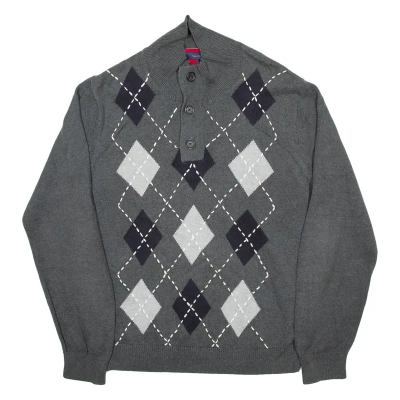 TOMMY HILFIGER Mens Patterned Jumper Grey Argyle Button Neck Chunky Knit L