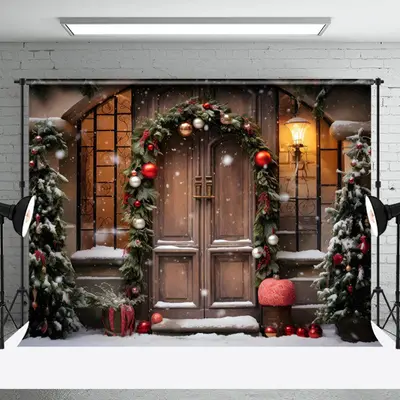 Aperturee Pine Leaves Wreath Wooden Door Christmas Backdrop