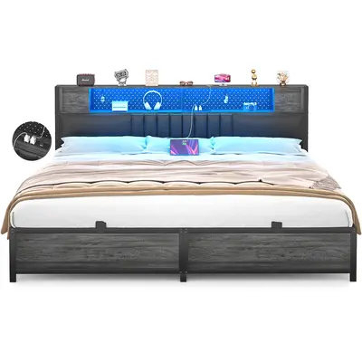 Homieasy King Size Bed Frame with Storage Headboard and Charging Station, Luxury Cool Queen Size LED Bed Frame with Storage, ...