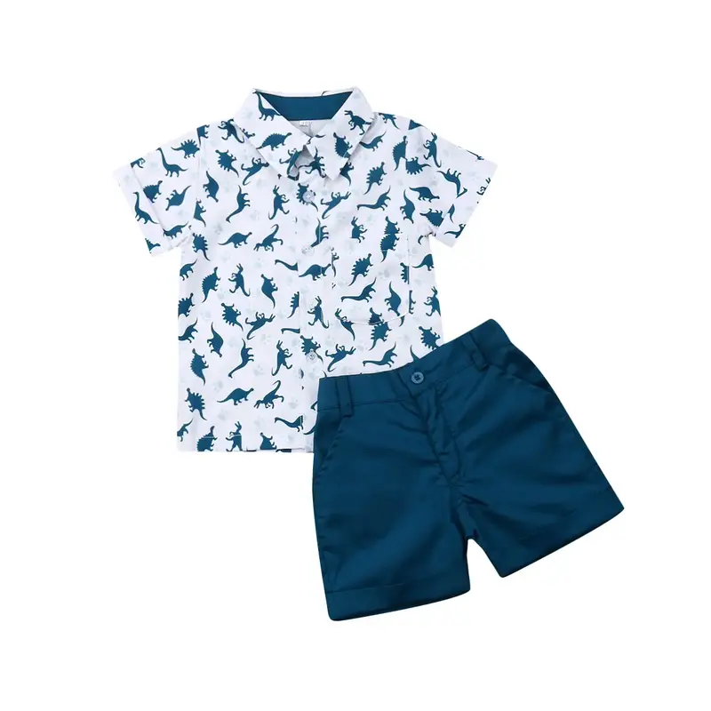 Baby Boys Clothes Set, 1-6 Years Dinosaur Print Short Sleeve Lapel Neck T-shirt + Solid Color Shorts for Summer Casual