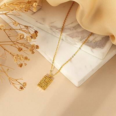 Fashionable Stainless Steel Irregular Textured Rectangle Pendant Necklaces for Women