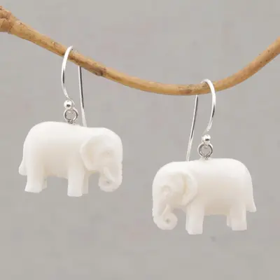 NOVICA White Elephant Cow Bone Dangle Earrings