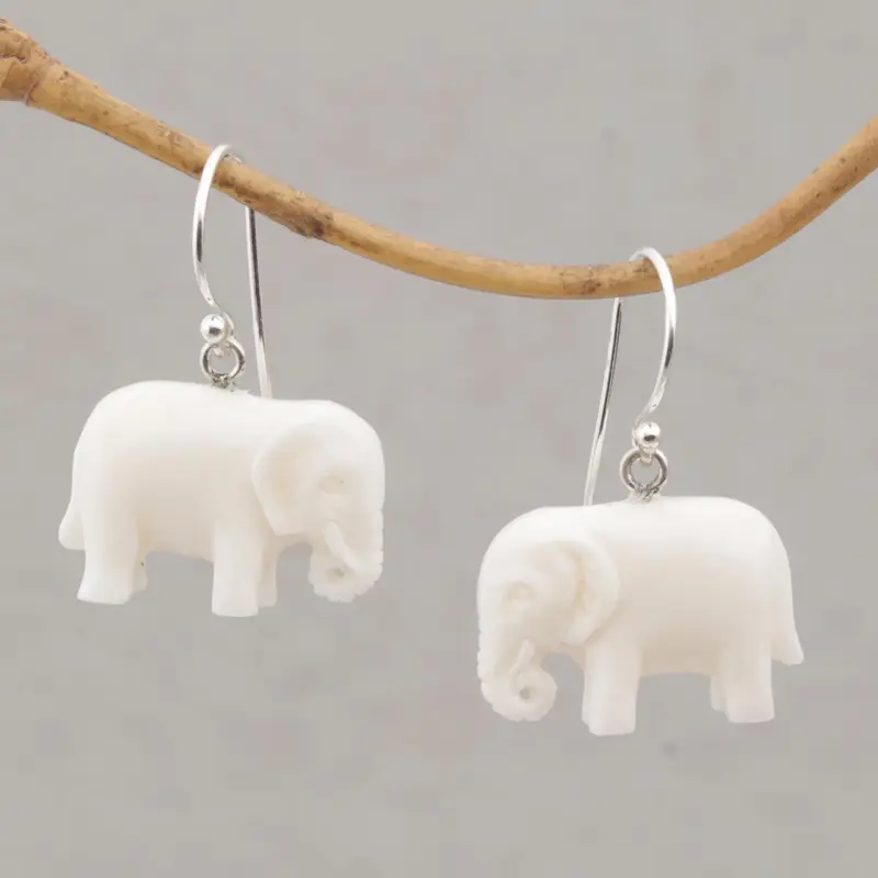 NOVICA White Elephant Cow Bone Dangle Earrings