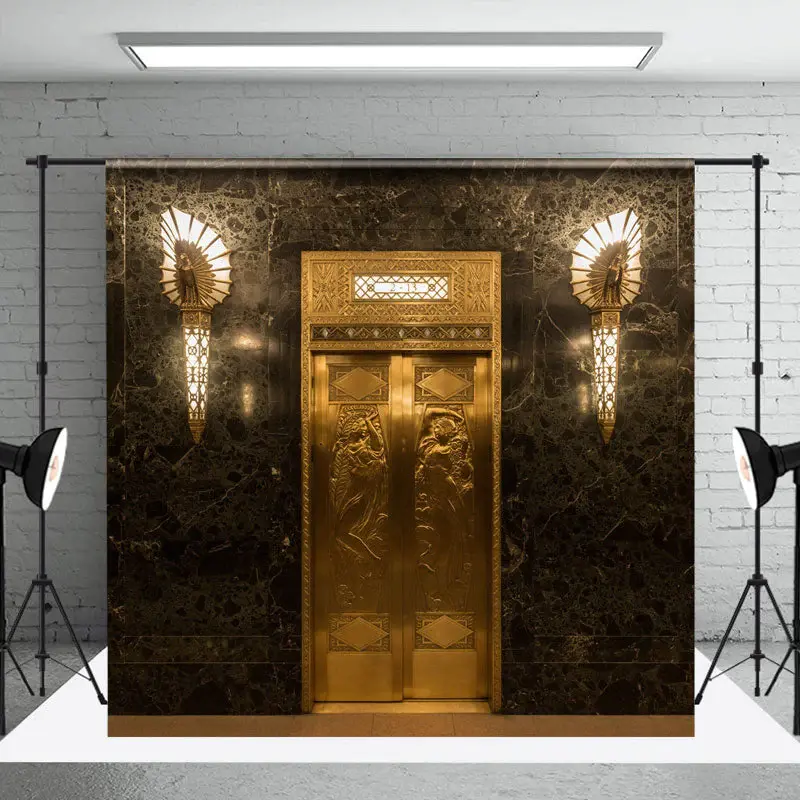 Retro Gorgeous Black Gold Marble Door Photo Backdrop - Aperturee