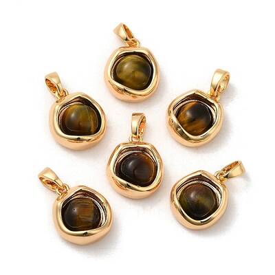 Natural Tiger Eye Brass Flat Round Charms