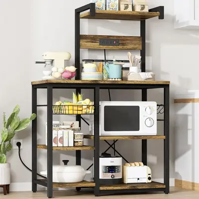 AWQM Bakers Rack for Kitchen Storage Microwave Stand with Power  Outlet, 5 S-Hooks, Rustic Brown Organizer for Coffee Bar &Ut...