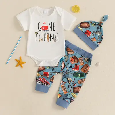 Baby Boys Summer Outfits Letter Print Short Sleeve Rompers Angling Elements Print Long Pants Hat 3Pcs Clothes Set