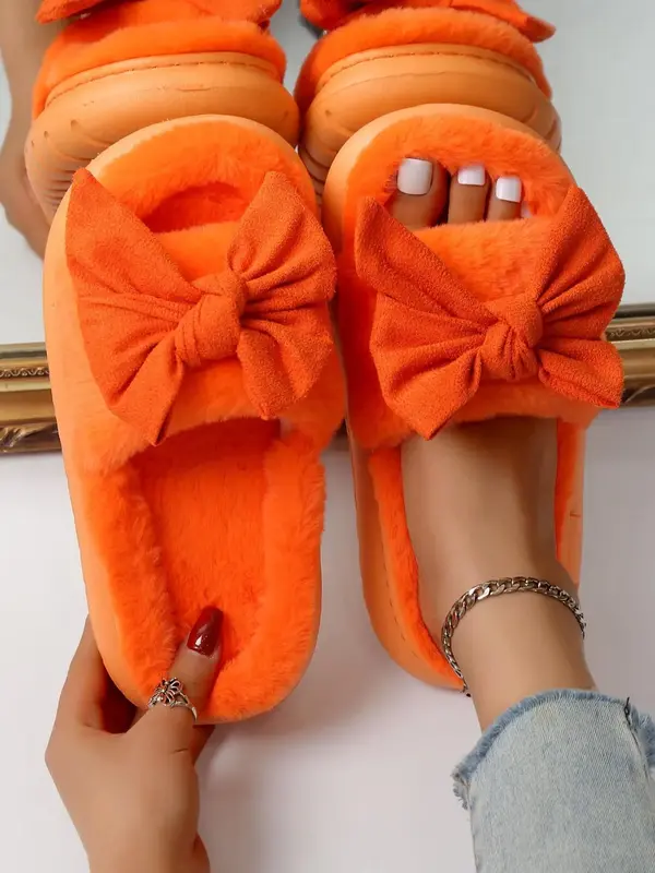 Cute Bowknot & Heart Design Plush Slippers As Gift, Trendy Soft Fuzzy Warm Slippers for Home, Novelty Bedroom & Kitchen Slipp...