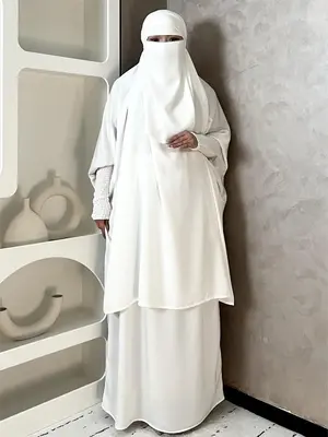 Women's Solid Batwing Sleeve Pullover Top & Long Skirt & Hijab Set, Modest Islamic Outfits Set for Daily Wear, Women's Islami...