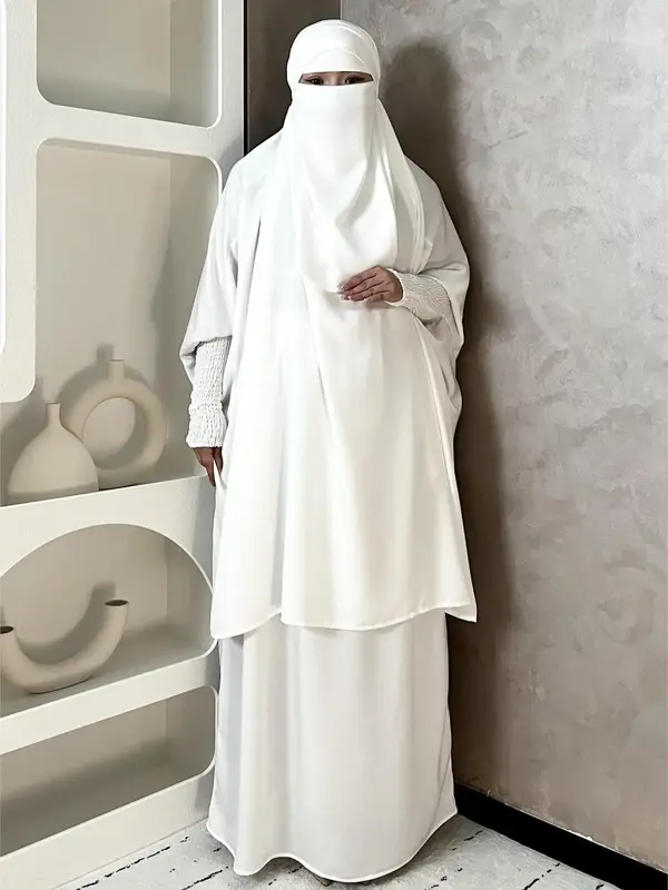 Women's Solid Batwing Sleeve Pullover Top & Long Skirt & Hijab Set, Modest Islamic Outfits Set for Daily Wear, Women's Islami...