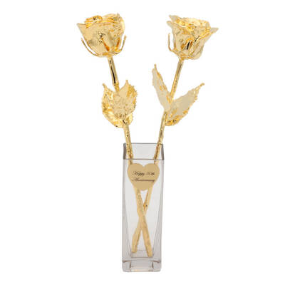 Personalized Promise Vase with 2 Gold Plated Roses