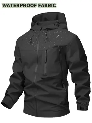 Men's Solid Color Drawstring Zip Up Hooded Jacket, Regular Fit Casual Comfy Waterproof Long Sleeve Outerwear for Fall & Winte...